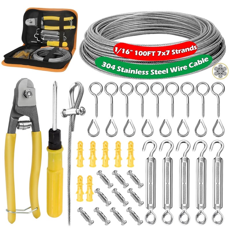 NVAAV 1/16" Metal Curtain Wire Hanging System, 100ft 7×7 Strands 304 Stainless Steel Vinyl Coated Tension Cable, Turnbuckles for Guy Wire Kit, Clothesline, Plant Climbing Long Rope, Outdoor String Lights - Image 1